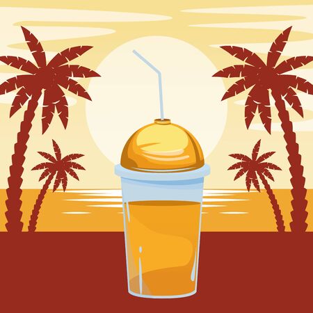 fruit tropical smoothie drink with dome lid and straw icon cartoon over beach sunset landscape vector illustration graphic designのイラスト素材