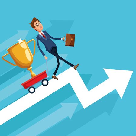 Businessman banker pulling trophy on cart cartoon vector illustration graphic designのイラスト素材