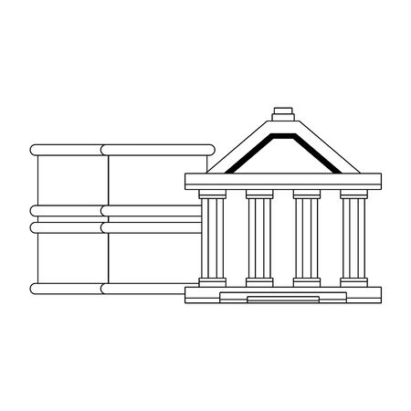 Bank building and petroleum barrels symbols in black and white vector illustrationのイラスト素材