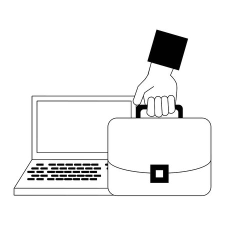 Laptop and hand with briefcase symbols in black and white vector illustrationのイラスト素材