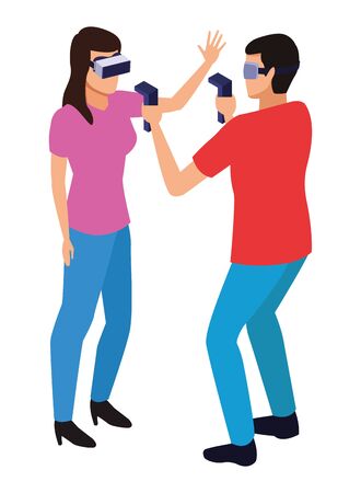 virtual reality technology, young couple living a modern digital experience with headset glassesand joysticks cartoon vector illustration graphic designのイラスト素材