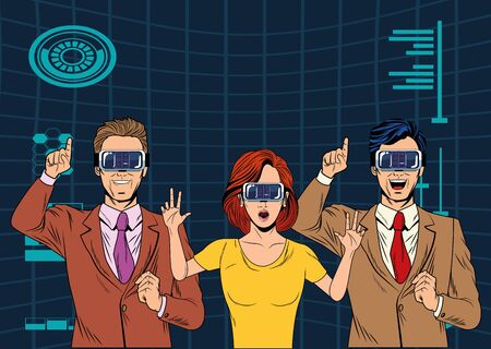 group of people with virtual reality headset avatar cartoon character with mesh background and stadistical graphics vector illustration graphic designのイラスト素材