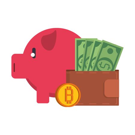 Bitcoin cryptocurrency wallet and coin with piggy bank symbols vector illustration graphic designのイラスト素材