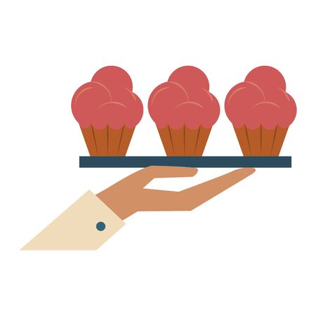 restaurant food and cuisine hand holding a food tray with muffins icon cartoons vector illustration graphic designのイラスト素材