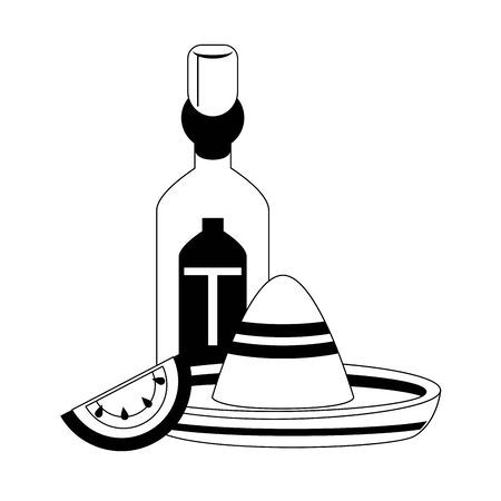 mexico culture and foods cartoons tequila bottle and lemon cut on the side mariachi hat vector illustration graphic designのイラスト素材