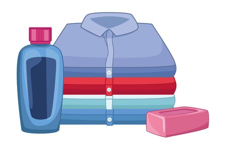 laundry wash and cleaning soap bar, cleaning shampoo and folded clothes icon cartoon vector illustration graphic designのイラスト素材