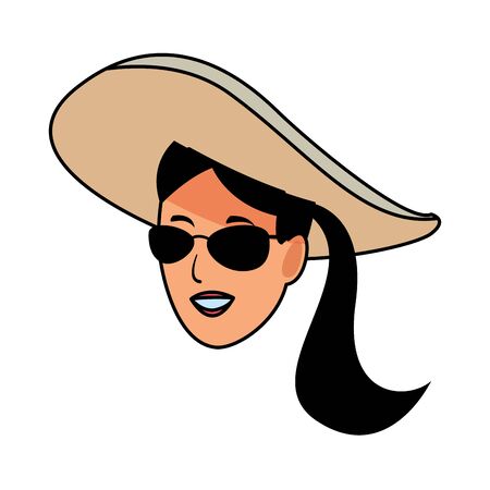 Young woman with sunglasses and hat face cartoon vector illustrationのイラスト素材