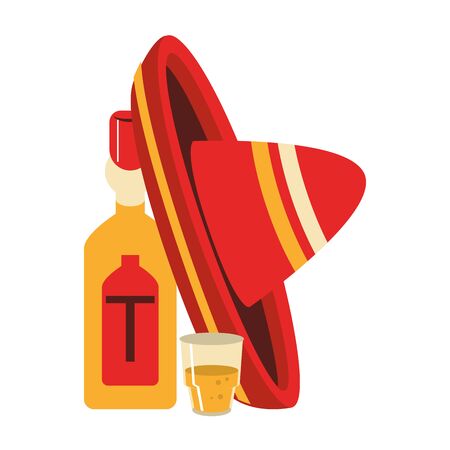 mexico culture and foods cartoons tequila bottle and glass mariachi hat vector illustration graphic designのイラスト素材