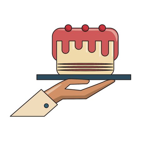 restaurant food and cuisine hand holding a food tray with cake with cherries icon cartoons vector illustration graphic designのイラスト素材