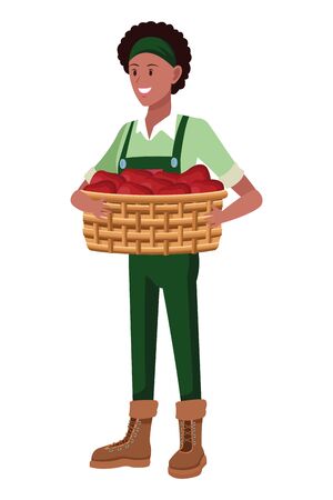farm, animals and farmer afroamerican woman with overall, bandana, boots and holding a wicker basket avatar cartoon character vector illustration graphic designのイラスト素材