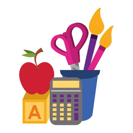 Back to school education apple and calculator with cube and brush scissors in cup cartoons vector illustration graphic designのイラスト素材
