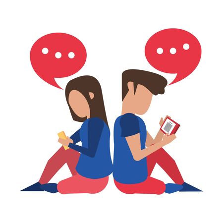 couple using smartphone technology for read chat messages cartoon vector illustration graphic designのイラスト素材