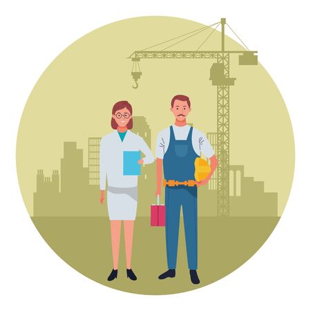 labor day employment occupation national celebration,doctor woman with builder man workers in front city construction view cartoon vector illustration graphic designのイラスト素材