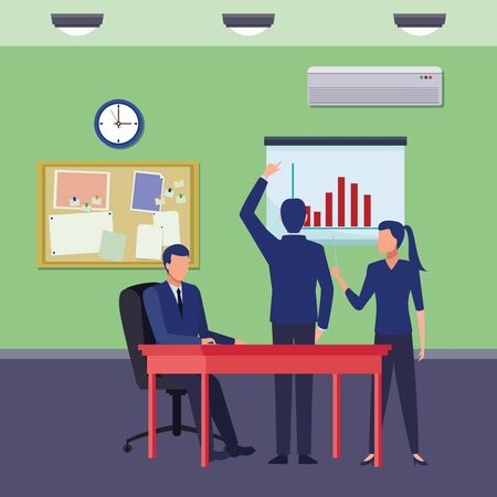 business business people businessman back view pointing a data chart, businessman sitting on a desk and businesswoman holding a wand pointing a data chart avatar cartoon character indoor with lamp, clock, air conditioning and work board vector illustration graphic designのイラスト素材
