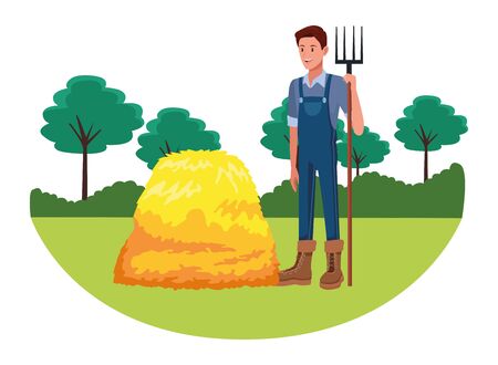 farm, animals and farmer young man with rake and hay avatar cartoon character over the grass with trees and shrubbery vector illustration graphic designのイラスト素材