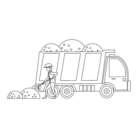 construction architectural engineering work, heavy truck carrying sand with worker cartoon vector illustration graphic designのイラスト素材