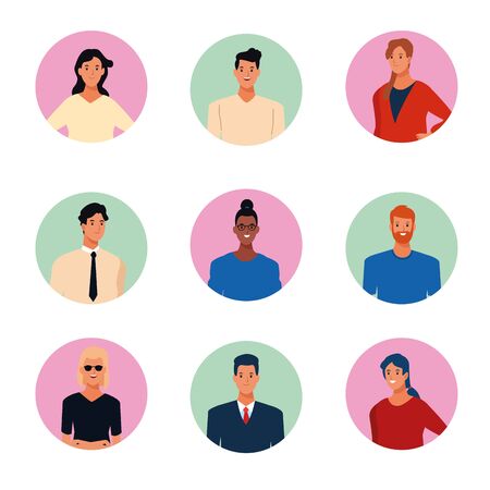 young people characters round icons cartoons vector illustration graphic designのイラスト素材