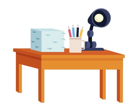 Office workplace elements desk with documents piled pencils and light lamp cartoons ,vector illustration graphic design.のイラスト素材