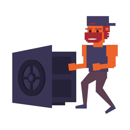 Retro videogame pixelated gangster and strongbox open cartoons isolated vector illustration graphic designのイラスト素材