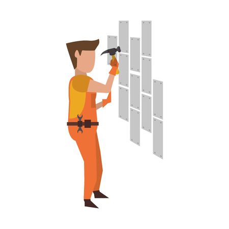 Contruction worker with hammer fixing wall vector illustration graphic designのイラスト素材