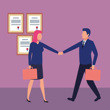 business business people businessman and businesswoman shaking hands and carrying a briefcase avatar cartoon character indoor with certificated frame vector illustration graphic designのイラスト素材