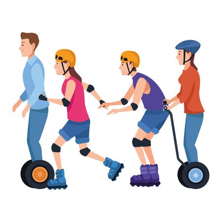 Young people riding with skates and electric scooters wearing accesories ,vector illustration graphic design.のイラスト素材