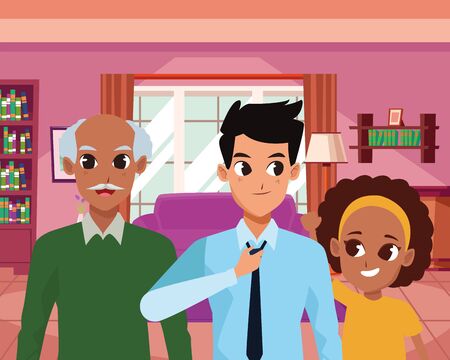 Family grandfather and father with little afro daughter inside home vector illustration graphic designのイラスト素材