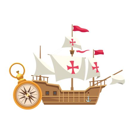 antique caravel ship with compass navigation vector illustration designのイラスト素材