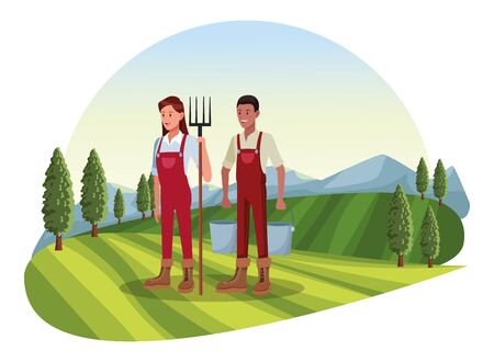 farm, animals and farmer couple afroamerican man holding two pails and woman with rake avatar cartoon character over the grass with trees and mountain landscape vector illustration graphic designのイラスト素材
