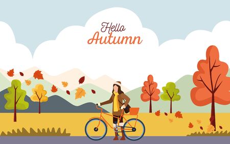 hello autumn season scene with girl in bicycle vector illustration designのイラスト素材