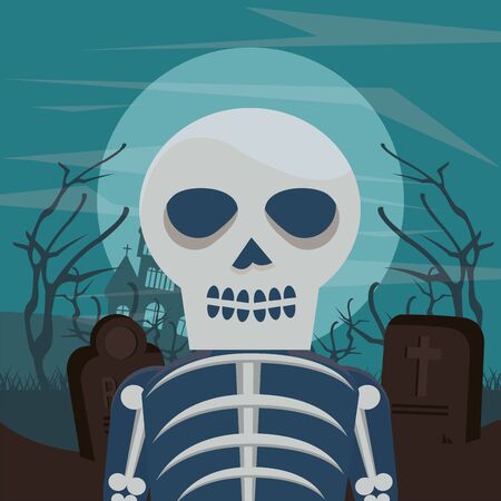 halloween dark scene with man disguised of skeleton vector illustration designのイラスト素材