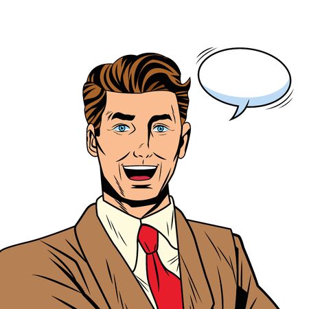 Pop art businessman with suit speech bubble smiling grin cartoon vector illustration graphic designのイラスト素材