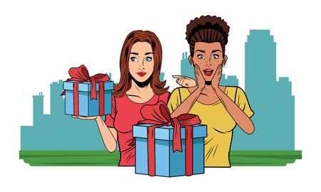 young women avatar afroamerican woman with hand on the cheek with a goft boxes profile picture cartoon character portraitのイラスト素材