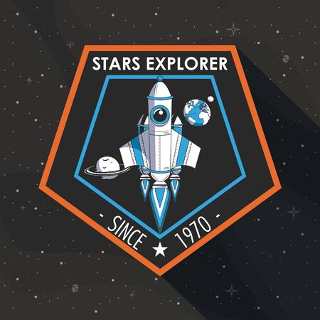 Space explorer patch emblem spaceship taking off design on black background vector illustration graphic designのイラスト素材