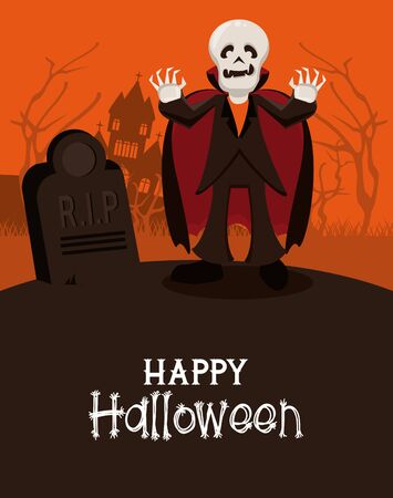 Happy halloween season card with vampire skull and tombstone cementery cartoons ,vector illustration graphic design.のイラスト素材