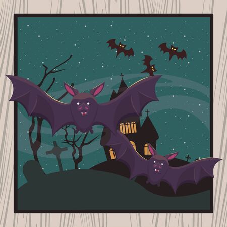 halloween dark scene with bats flying vector illustration designのイラスト素材