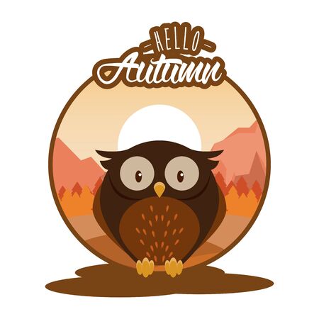 Hello autumn card with cute animal and leaves cartoons, season poster. vector illustration graphic design.のイラスト素材