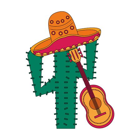 Mexico celebrations cactus and mariachi hat with guitar cartoons vector illustration graphic designのイラスト素材