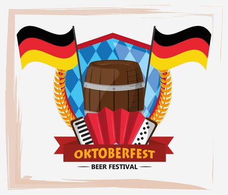 oktoberfest celebration poster with beer barrel and accordion vector illustration designのイラスト素材