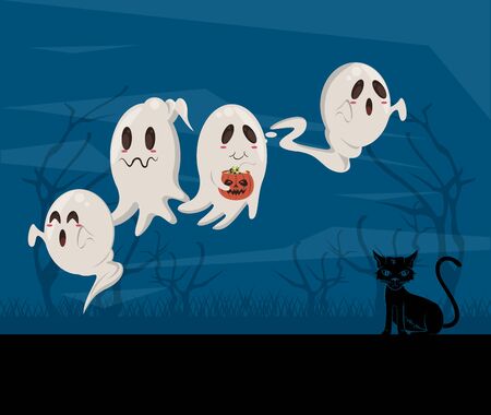 halloween dark scene with ghosts and cat vector illustration designのイラスト素材