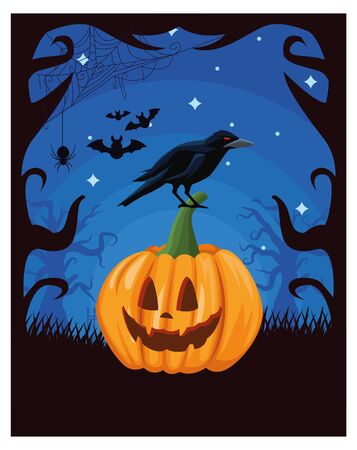 halloween dark scene with pumpkin in night vector illustration designのイラスト素材