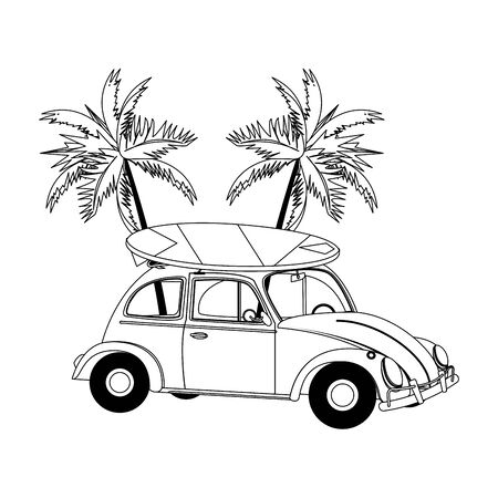 tropical summer relax holiday outdoor , vintage surf table with retro car at beach cartoon vector illustration graphic designのイラスト素材