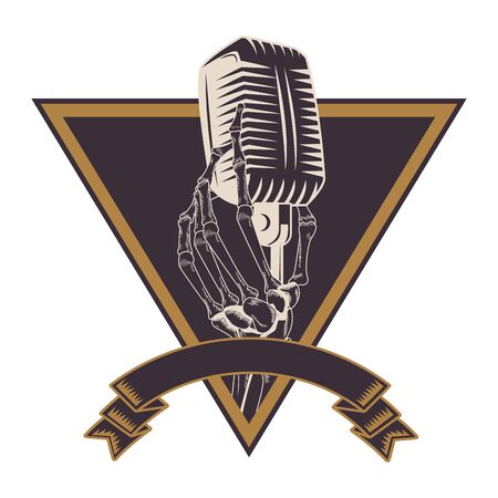 antique microphone and skeleton hand drawn in black and white tattoo icon into a triangle and ribbon banner vector illustration graphic designのイラスト素材