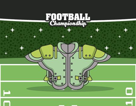Football sport championship emblem with equipment symbols on playfield stadium background , sport tournament. vector illustration.のイラスト素材