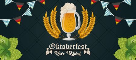 Oktoberfest Celebration banner design with beer and pennant, vector illustrationのイラスト素材