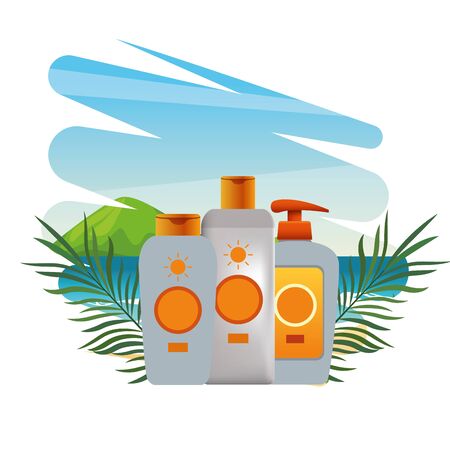 Sun bronzer bottles with palm leaves cosmetic products in the beach scenery ,vector illustration graphic design.のイラスト素材