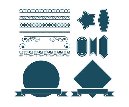 set of decorative ribbon, banner, label, frames and emblems cartoon vector illustration graphic designのイラスト素材