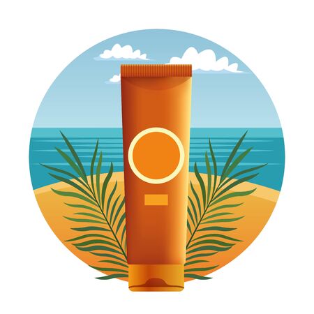 Sun bronzer product with tropical leaves cosmetic product on beach scenery background ,vector illustration graphic design.のイラスト素材