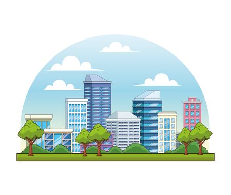 City buildings and park with trees urban scenery cartoons ,vector illustration graphic design.のイラスト素材