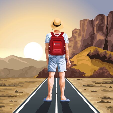 Backpack traveler looking horizont on highway at desert nature vector illustration graphic design.のイラスト素材